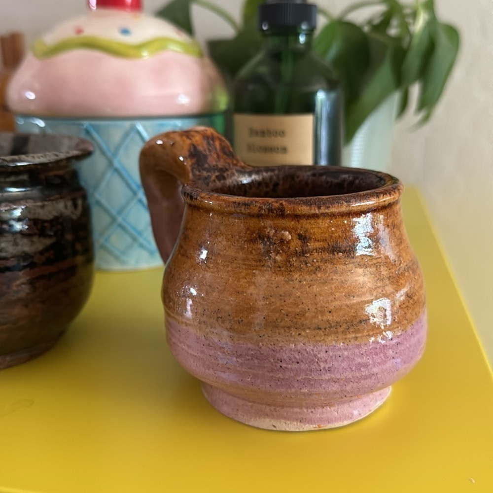 Set of 2 Handmade Pottery Coffee Mugs 8oz Espresso Latte Brown Pink - Picture 2 of 7